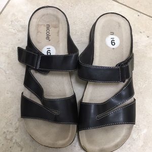 Nicole Brown Vegan Leather Flat Comfort Slip On Sandals w/ adjustable Strap